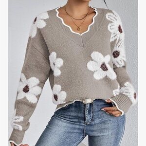 Floral Patterned Sweater - Taupe and White